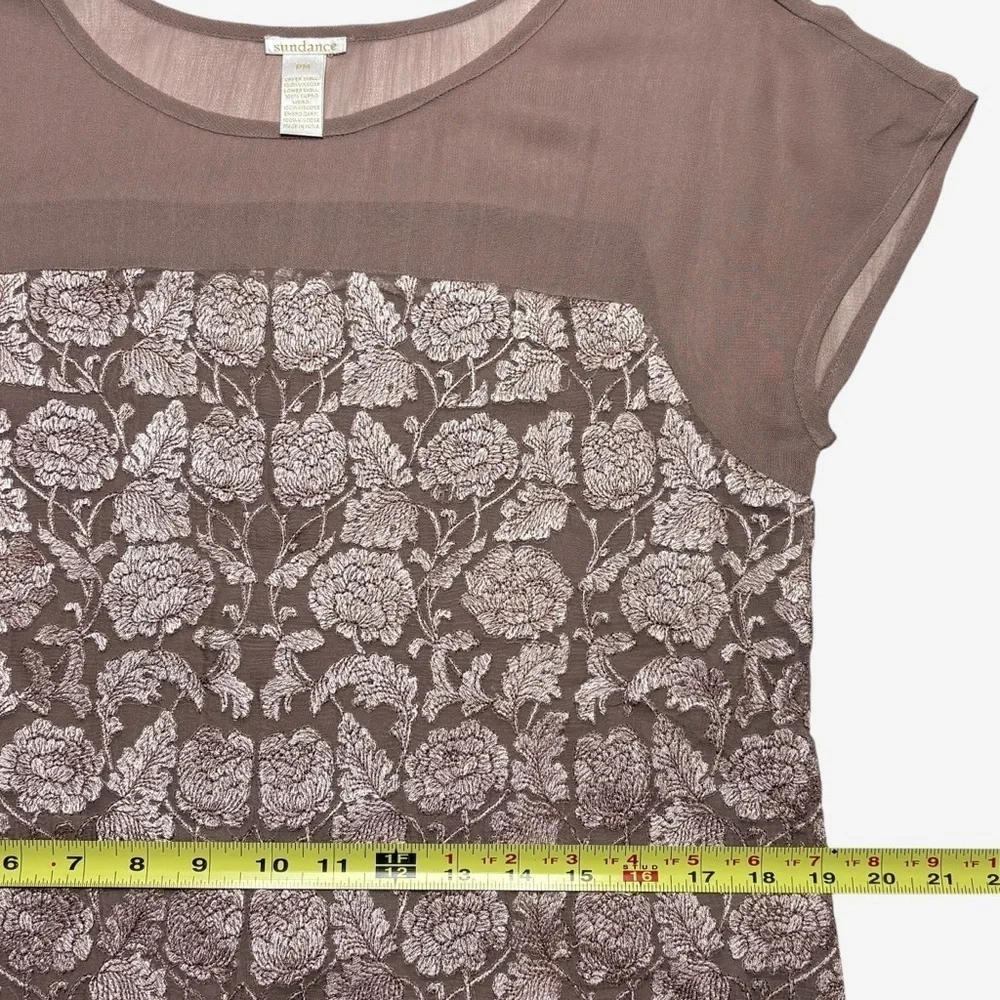 Sundance Angelica Dress Size PM Petite Medium Embroidered Overlay Lined Taupe
